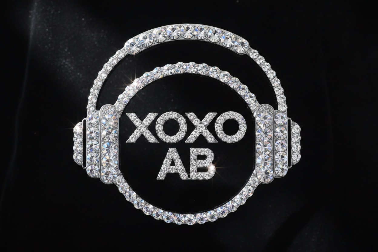 A diamond-encrusted logo shaped like headphones with the text "XOXO AB" in the center against a black background.